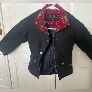 Barbour dark blue waxed Jacket with Red and Tan Horses Lining